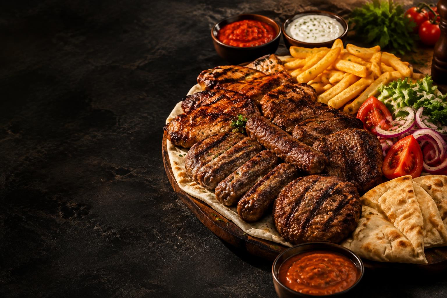 Pjatë me mish të pjekur, qebapa, pomfrit dhe perime